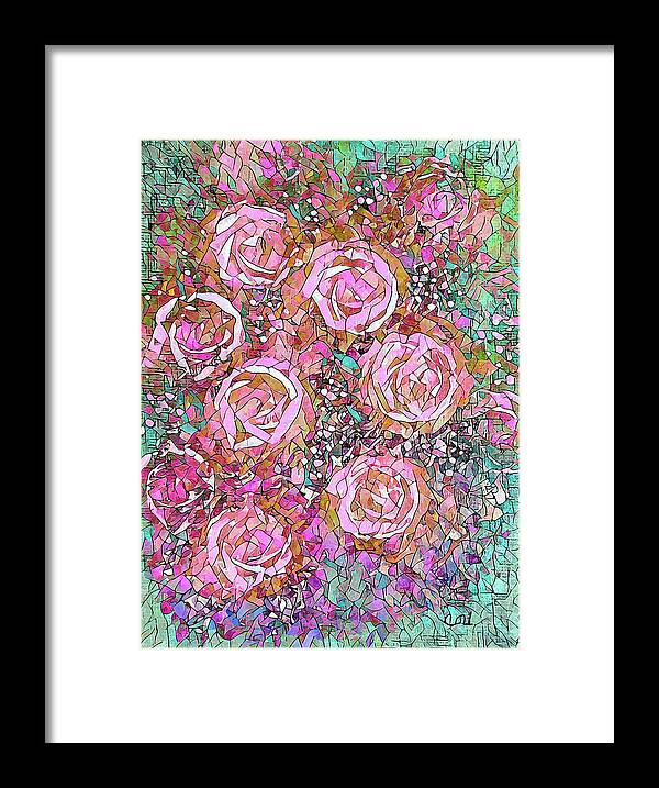 Roses Framed Print featuring the painting Pink Rose Bouquet Mosaic by Corinne Carroll