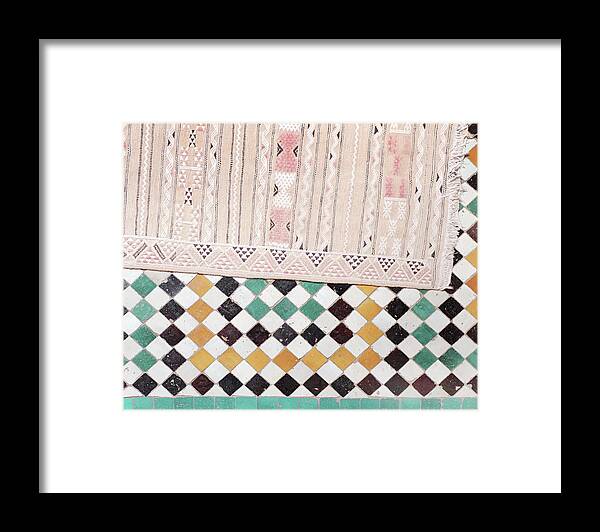 Tile Floor Framed Print featuring the photograph Pink Rug and Tiles by Lupen Grainne
