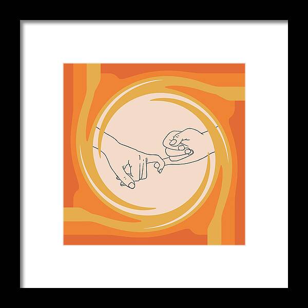 Retro Vintage Framed Print featuring the drawing Pinky promise art print, Retro 70s 60s gradient orange swirl, love concept posters, one line hands by Mounir Khalfouf