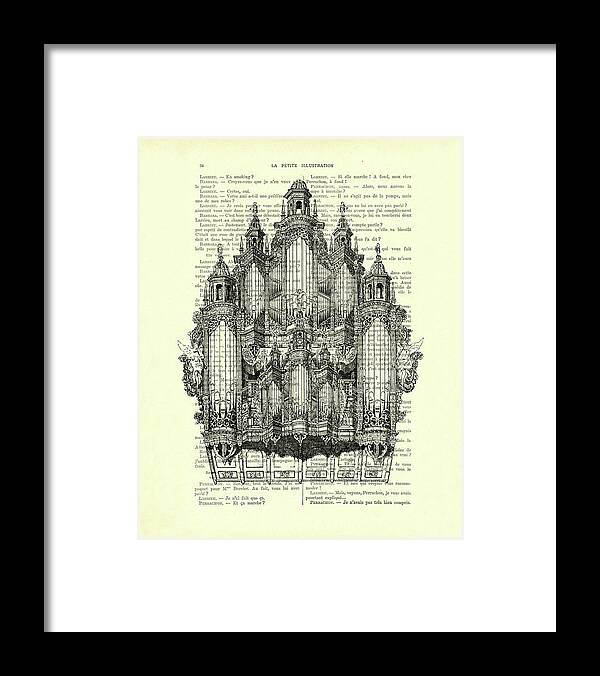 Organ Framed Print featuring the mixed media Pipe organ in black and white on a French antique book page by Madame Memento