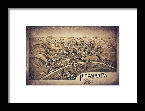 Pitcairn Framed Print featuring the photograph Pitcairn Pennsylvania Vintage Map Birds Eye View 1901 Sepia by Carol Japp