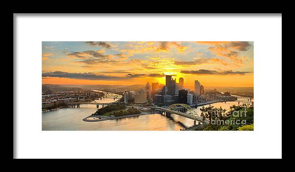 Pittsburgh Framed Print featuring the photograph Pittsburgh Mt Washington Sunrise August 2022 Panorama by Adam Jewell
