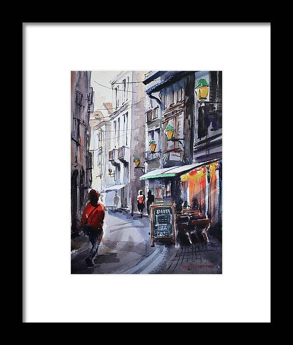 Landscape Framed Print featuring the painting Pizza Cafe in France by Shirley Peters
