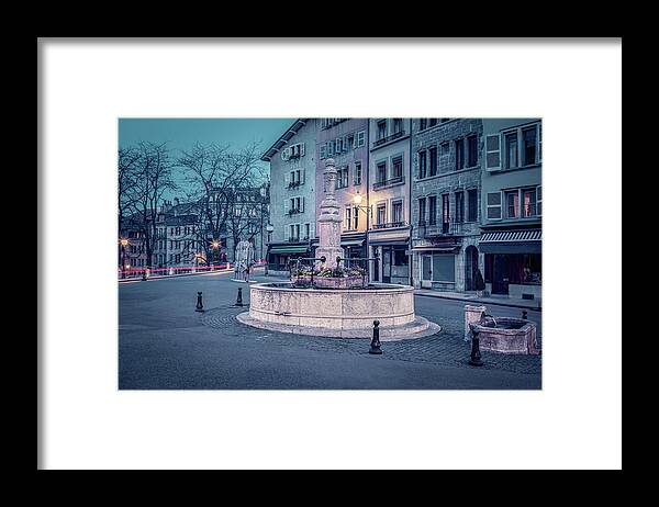 Medieval Framed Print featuring the photograph Place du Bourg-de-Four in Geneva Old town at night by Benoit Bruchez