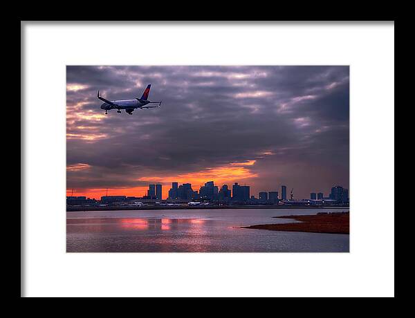  Framed Print featuring the photograph Plane Over Boston Skyline Sunset by Joann Vitali