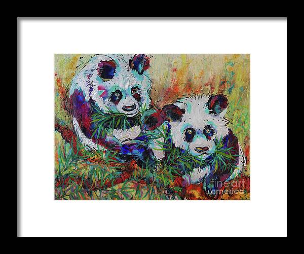 Pandas Framed Print featuring the painting Playful Giant Pandas by Jyotika Shroff