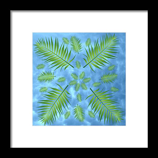 Palm Framed Print featuring the digital art Plethora of Palm Leaves 4 on a Body of Water by Ali Baucom