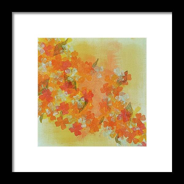 Abstract Painting Framed Print featuring the mixed media PLUMERIA FLOWERS Abstract Collage in Orange Yellow Mango Sage Green by Lynnie Lang