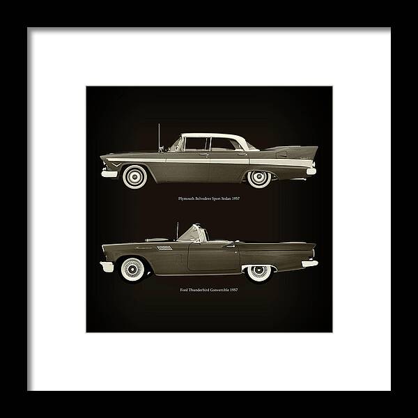 Plymouth Belvedere Framed Print featuring the photograph Plymouth Belvedere Sport Sedan 1957 and Ford Thunderbird Convertible 1957 by Jan Keteleer