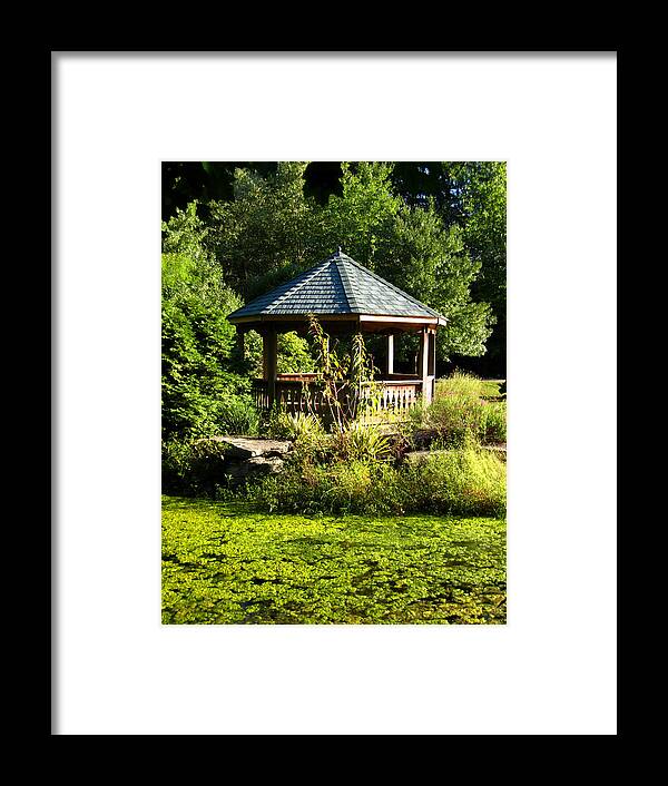 Tranquil Framed Print featuring the photograph Pond and Gazebo in Golden Hour, Early Autumn by Steve Ember