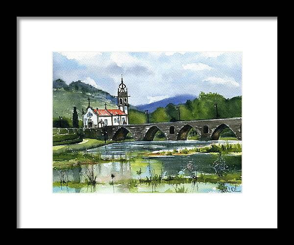 Portugal.portuguese Framed Print featuring the painting Ponte De Lima Town in Portugal by Dora Hathazi Mendes
