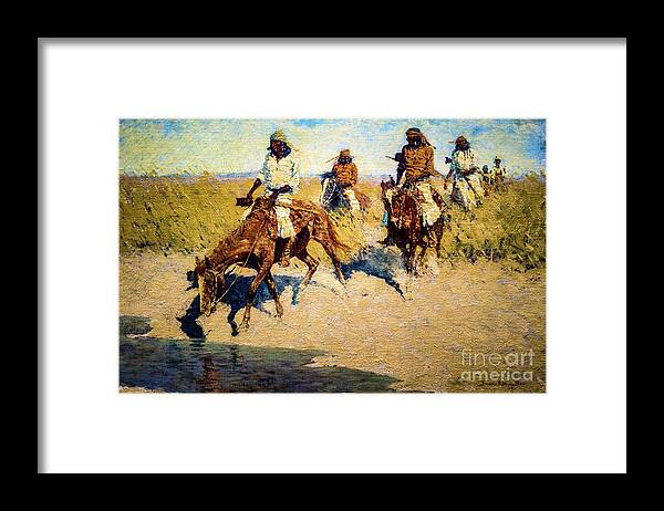 Pool Framed Print featuring the painting Pool in the Desert by Frederic Remington 1908 by Frederic Remington