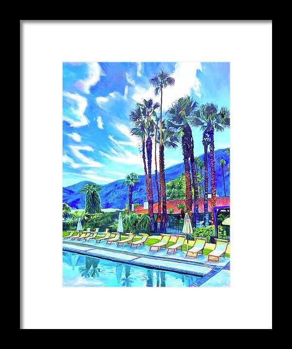 Palm Springs Framed Print featuring the painting Poolside in Palm SpringsPalm Springs, pool, poolside, blue, yellow, mountain, storm, palms, desert, by Bonnie Lambert