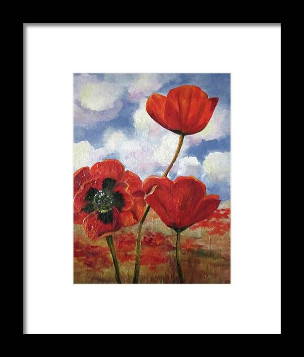 Floral Framed Print featuring the painting Poppies in the Sky by Barbara Landry