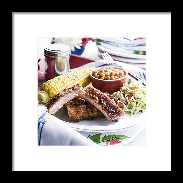 Sparerib Framed Print featuring the photograph Pork rib dinner with corn and beans by Manny Rodriguez