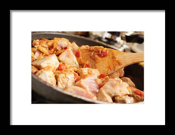 Red Bell Pepper Framed Print featuring the photograph Pork with vegetables in frying pan by Fotek