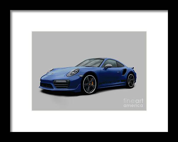 Hand Drawn Framed Print featuring the digital art Porsche 911 991 Turbo S Digitally Drawn - Dark Blue with side decals script by Moospeed Art
