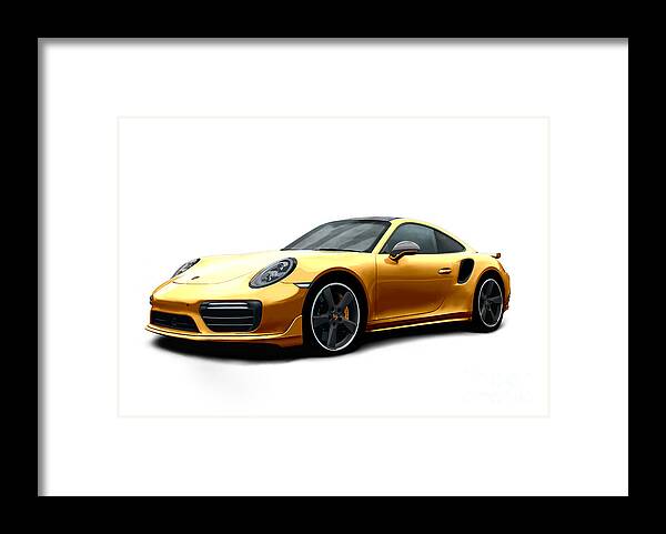Hand Drawn Framed Print featuring the digital art Porsche 911 991 Turbo S Digitally Drawn - Gold by Moospeed Art
