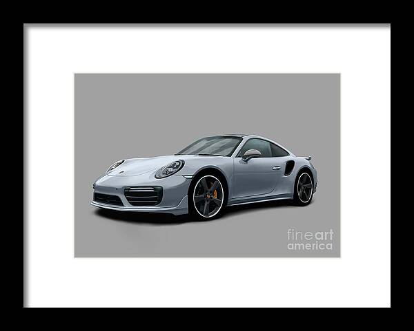Hand Drawn Framed Print featuring the digital art Porsche 911 991 Turbo S Digitally Drawn - Grey by Moospeed Art