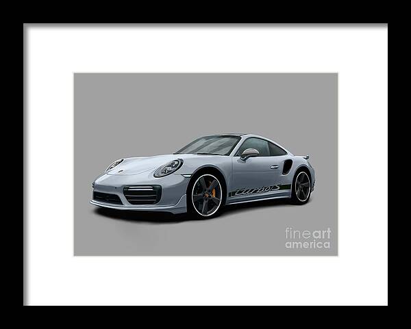 Hand Drawn Framed Print featuring the digital art Porsche 911 991 Turbo S Digitally Drawn - Grey with side decals script by Moospeed Art
