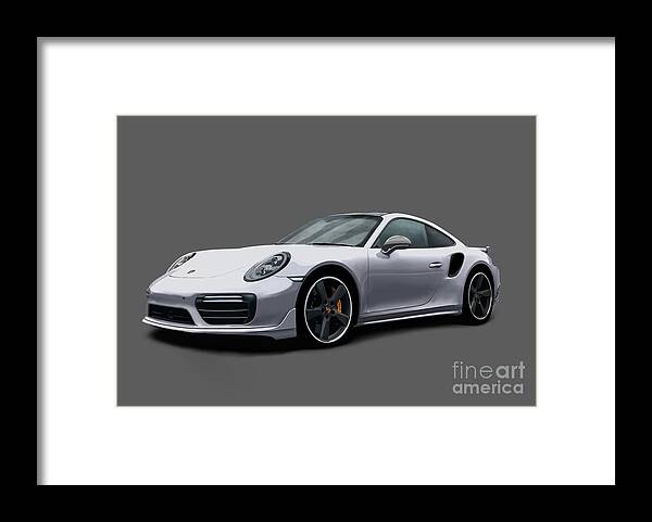Hand Drawn Framed Print featuring the digital art Porsche 911 991 Turbo S Digitally Drawn - Silver by Moospeed Art