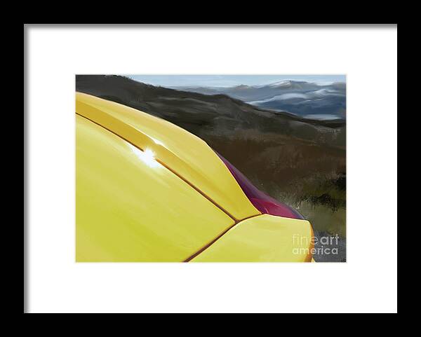 Hand Drawn Framed Print featuring the digital art Porsche Boxster 981 Curves Digital Oil Painting - Racing Yellow by Moospeed Art