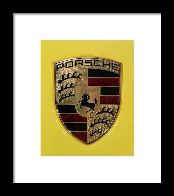 911 Framed Print featuring the photograph Porsche Emblem on Racing Yellow by Sebastian Musial