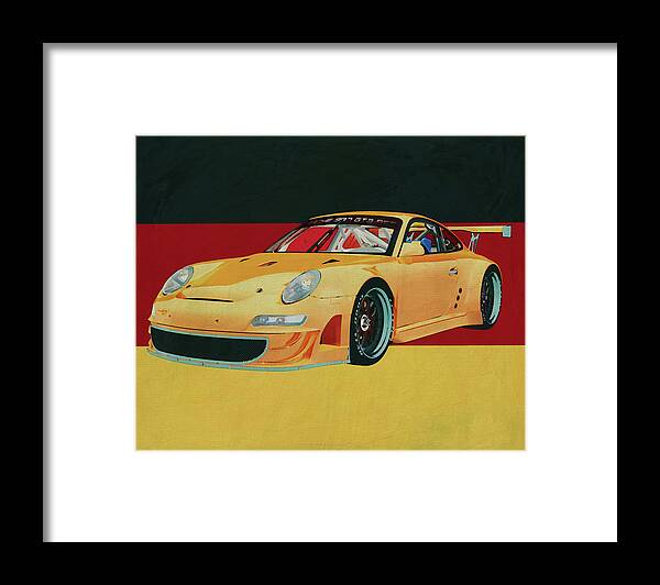 Porsche Framed Print featuring the painting Porsche GT3 RS Cup 2008 in front of the German flag by Jan Keteleer