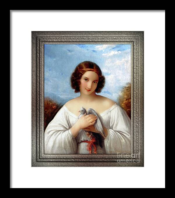 Portrait Of A Young Girl With A Dove Framed Print featuring the painting Portrait of a Young Girl with a Dove by Natale Schiavoni Old Masters Reproduction by Rolando Burbon