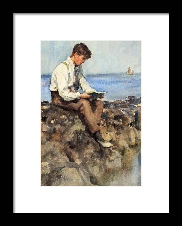Henry Scott Tuke Framed Print featuring the painting Portrait of a Young Man Reading on the Rocks by Henry Scott Tuke