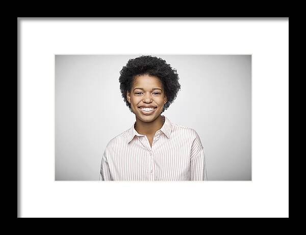 New Business Framed Print featuring the photograph Portrait of afro owner wearing striped shirt by Morsa Images