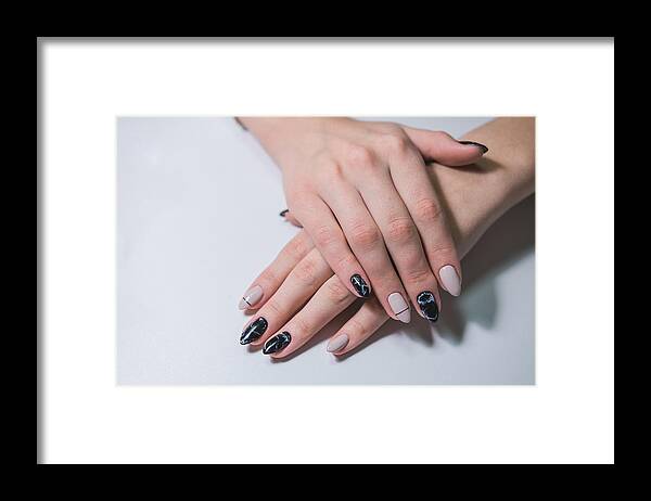 Acrylic Painting Framed Print featuring the photograph Portrait of beautiful nail art. Black and white by Anna Volobueva