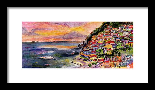 Paintings Of Italy Framed Print featuring the painting Positano Italy Amalfi Coast Panorama 2 by Ginette Callaway