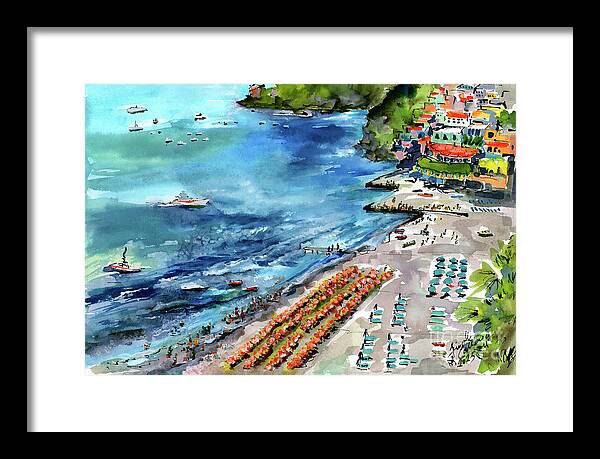 Positano Framed Print featuring the painting Positano Summer Beach Italy Watercolors and Ink by Ginette Callaway