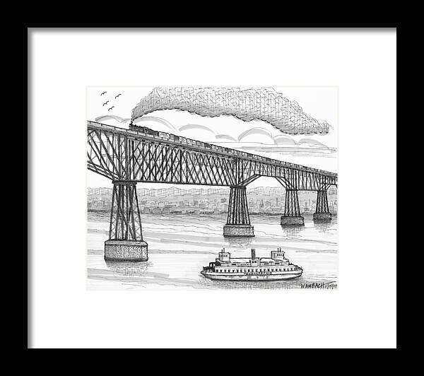 Poughkeepsie Railroad Bridge Framed Print featuring the drawing Poughkeepsie Railroad Bridge and Steam Ferry circa 1890 by Richard Wambach
