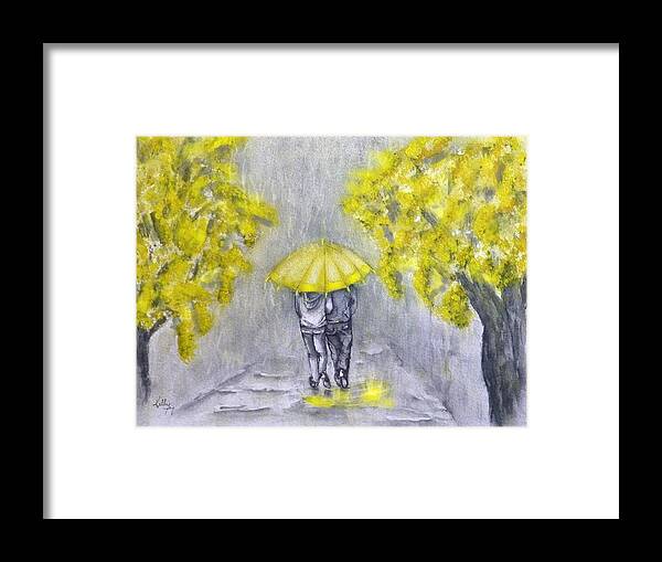 Yellow Umbrella Framed Print featuring the painting Pouring Rain in Yellow by Kelly Mills