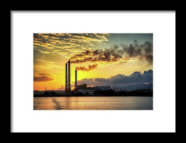 Clouds Framed Print featuring the photograph Power plant pollution by Micah Offman