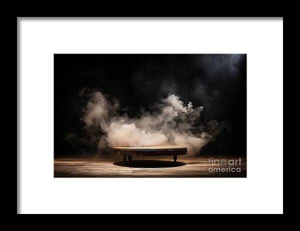 Wood Framed Print featuring the painting Premium Empty Wooden Table With Smoke Float Up On Dark Background by N Akkash