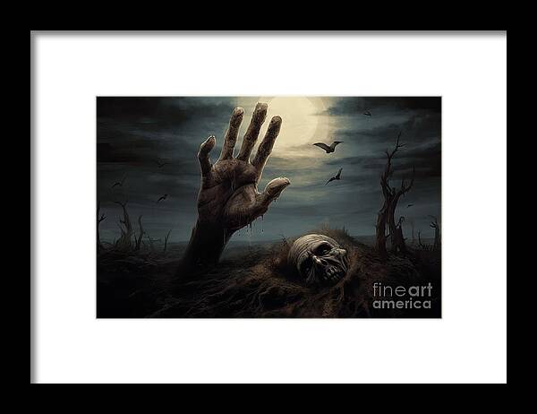 Zombie Framed Print featuring the painting premium Halloween, dead hand coming out from the soil by N Akkash