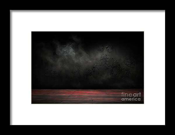 Wood Framed Print featuring the painting premium Old wood table top with smoke in the dark background. by N Akkash