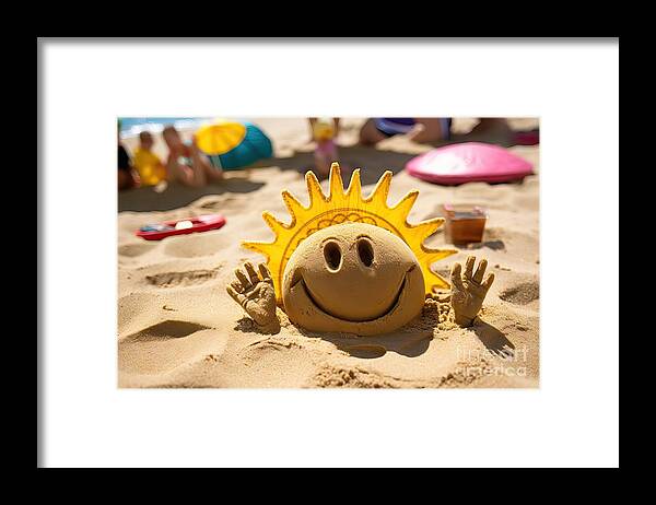 premium Summer beach smiling sun happy smiley face drawing drawn in sand  with accessories holiday vacation photo Framed Print by N Akkash - Fine Art  America
