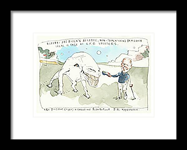 President Biden Greets Visiting Space Alien Framed Print featuring the painting President Biden Greets Visiting Space Alien by Barry Blitt