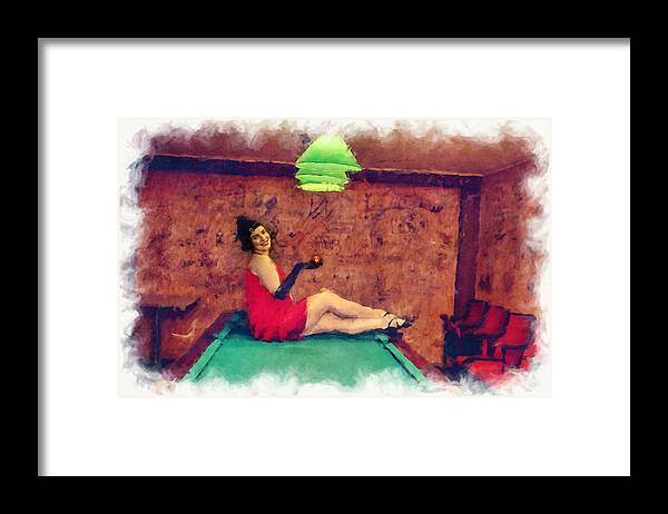 Roaring 20's Framed Print featuring the photograph Pretty young woman in roaring 20s outfits on the pool table paintography by Dan Friend