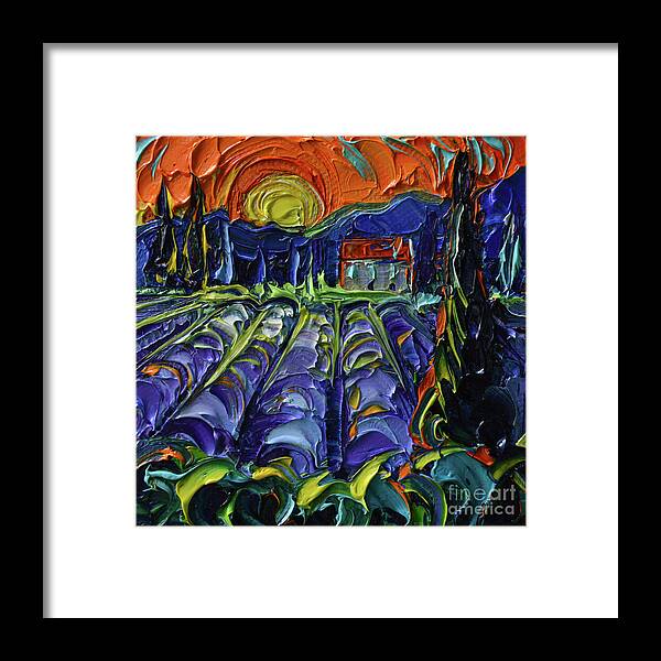 Provence Sunset Framed Print featuring the painting PROVENCE SUNSET ABSTRACT MINIATURE palette knife oil painting Mona Edulesco by Mona Edulesco