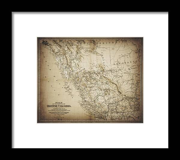 British Columbia Framed Print featuring the photograph Province of British Columbia Vintage Map 1893 Sepia by Carol Japp
