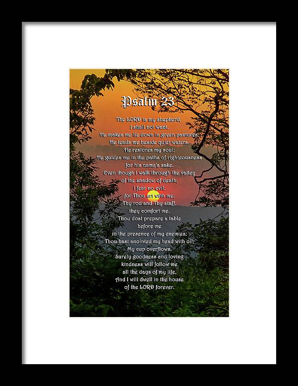 Psalm 23 Framed Print featuring the mixed media Psalm 23 Prayer Over Sunset Landscape by Christina Rollo