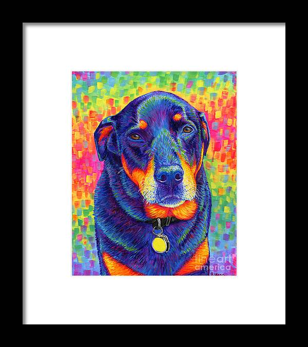 Rottweiler Framed Print featuring the painting Psychedelic Rainbow Rottweiler by Rebecca Wang