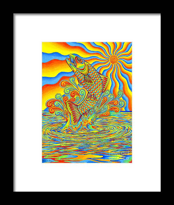 Psychedelic Framed Print featuring the drawing Psychedelic Rainbow Trout Fish by Rebecca Wang
