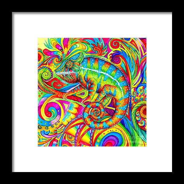 Chameleon Framed Print featuring the drawing Psychedelizard - Psychedelic Rainbow Chameleon by Rebecca Wang