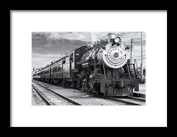 Strasburg Railroad Pennsylvania Steam Engine Locomotive Number 90 Old Iron Horse Black And White Train Track Tracks Smoke Station Pulling Into Passenger Cars Coaches Car Coach East Coast Southeastern Framed Print featuring the photograph Pulling into the Station by Brad Brizek